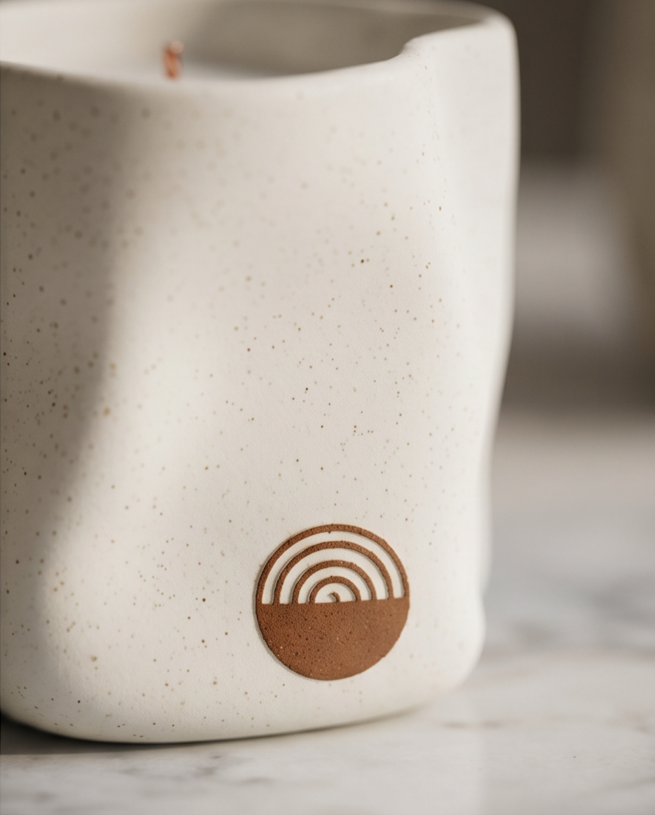 Vela artesanal KNDEL Triada blanca con logotipo
