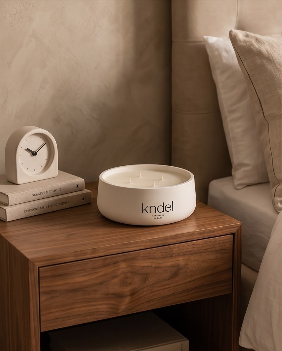 Vela artesanal KNDEL Albina blanca sobre mesa de madera en ambiente decorativo