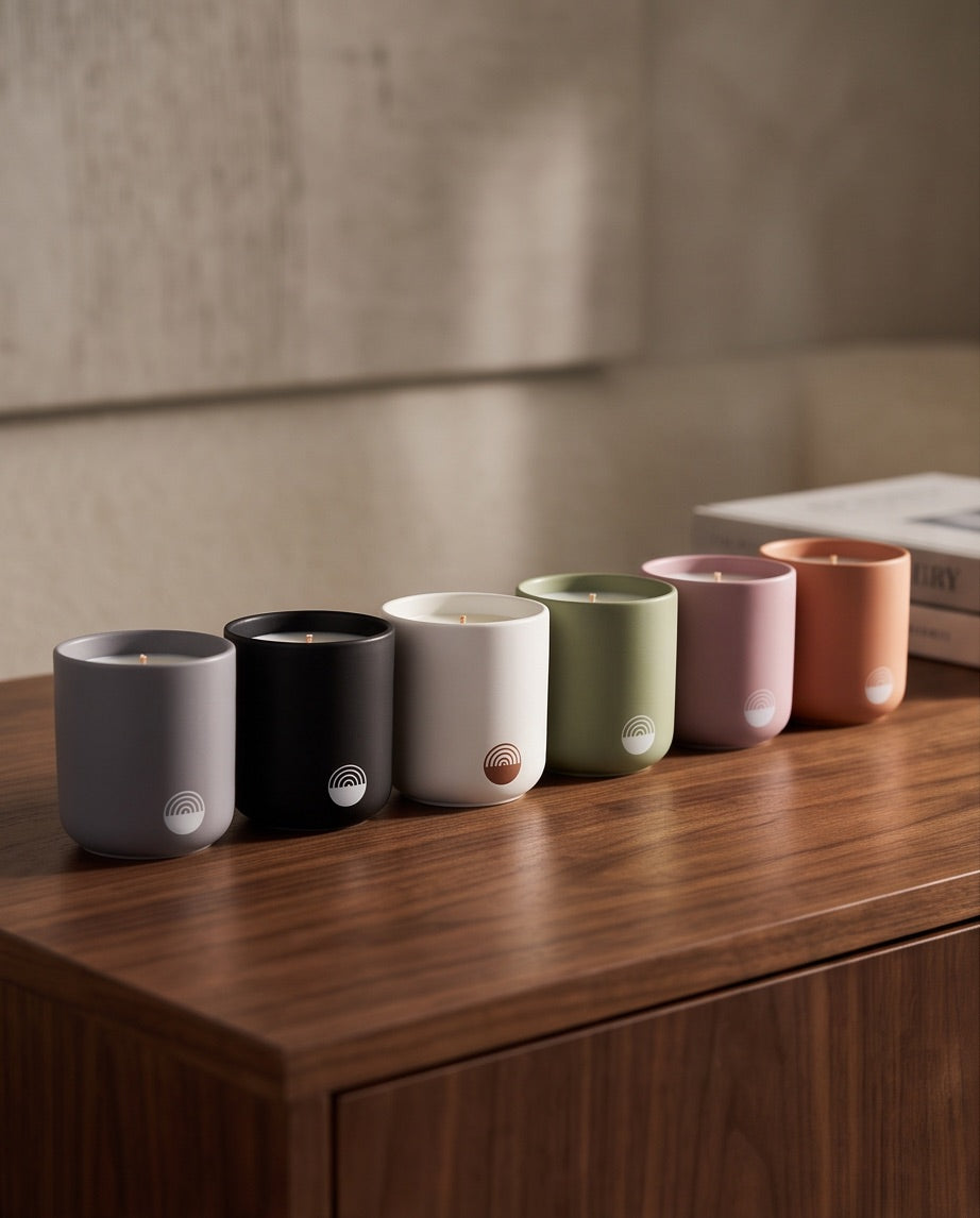 Velas artesanales KNDEL en diferentes colores sobre mesa de madera