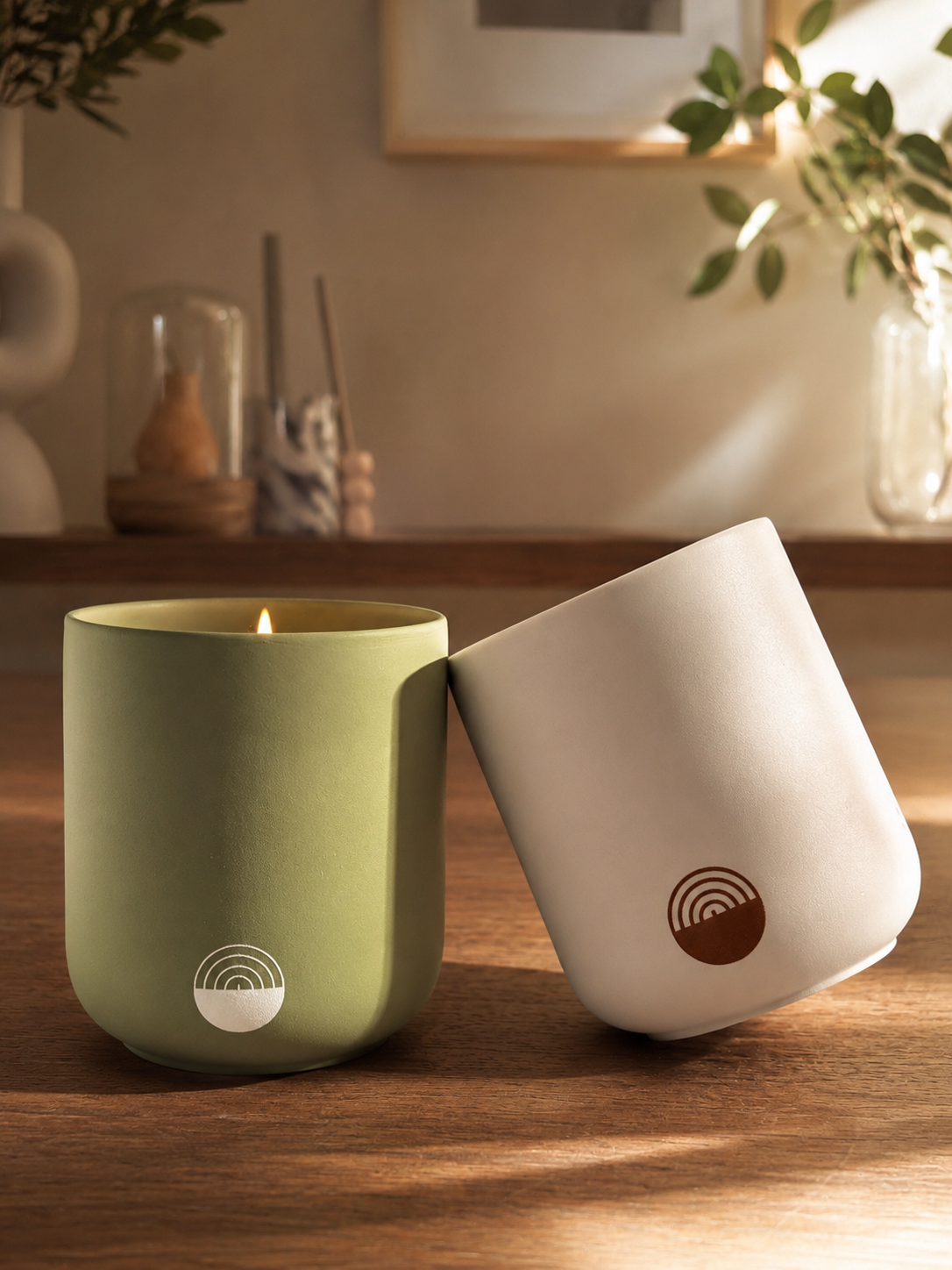 Velas artesanales KNDEL verde y blanca en ambiente decorativo