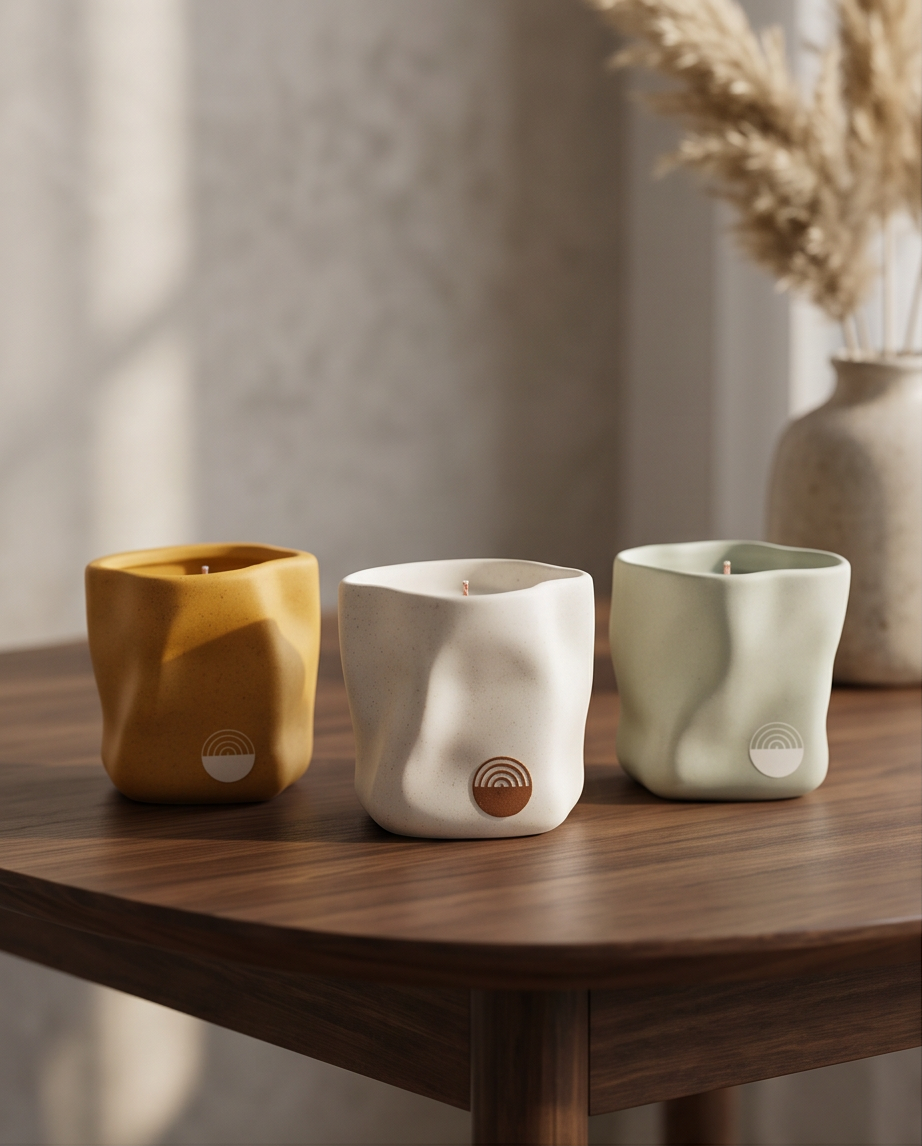 Velas artesanales KNDEL Triada en amarillo, blanco y verde sobre mesa de madera